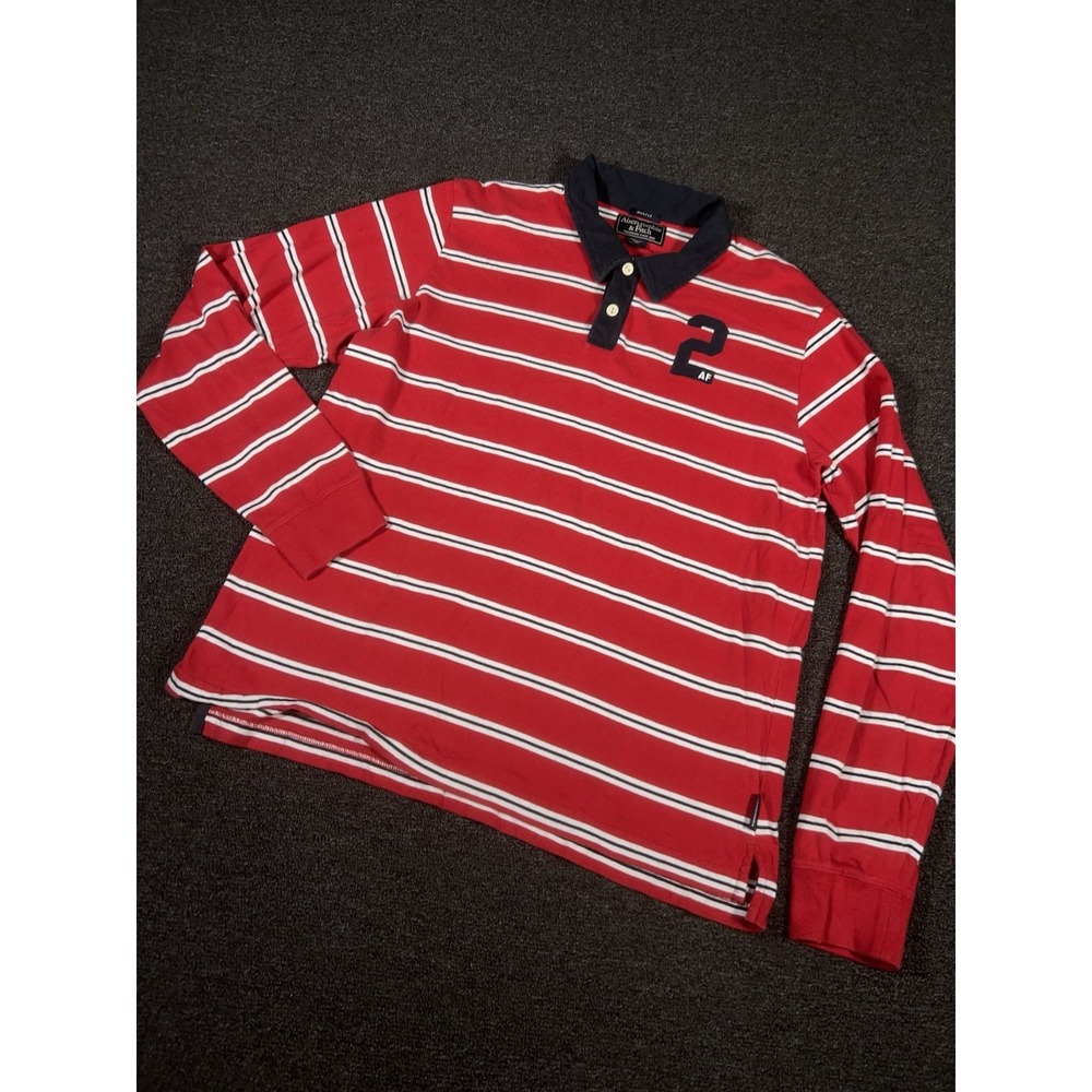 Vintage Abercrombie and Fitch Striped Long Sleeve Polo Rugby Shirt Men XL Red